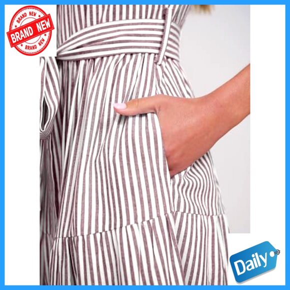 Ruffle Cap Sleeve Maxi Dress Button Down Striped Plaid Tie Waist Casual Chic - Picture 6 of 7